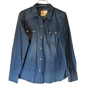 Lucky Brand Denim Jean Shirt Western Pearl Snap Raw Hem Long Sleeve Women M